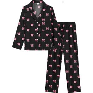 SWOMOG Girls Pajamas Set Kids Button Down Cute Print Pjs Sets Pant 2 Piece Soft Long Sleeve Sleepwear Loungewear(Black Bow)