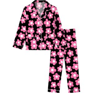 SWOMOG Girls Pajamas Set Kids Button Down Cute Print Pjs Sets Pant 2 Piece Soft Long Sleeve Sleepwear Loungewear(Black Flower)