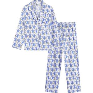 SWOMOG Girls Pajamas Set Kids Button Down Cute Print Pjs Sets Pant 2 Piece Soft Long Sleeve Sleepwear Loungewear(Blue Monkey)
