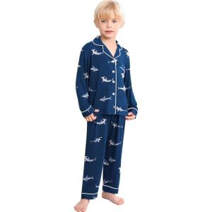 SWOMOG Girls Pajamas Set Kids Button Down Cute Print Pjs Sets Pant 2 Piece Soft Long Sleeve Sleepwear Loungewear(Blue Shark)
