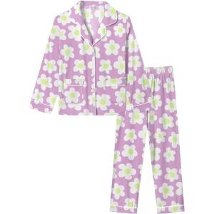 SWOMOG Girls Pajamas Set Kids Button Down Cute Print Pjs Sets Pant 2 Piece Soft Long Sleeve Sleepwear Loungewear(Lavender Flower)