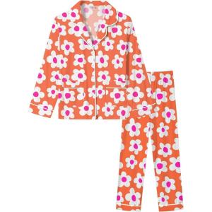 SWOMOG Girls Pajamas Set Kids Button Down Cute Print Pjs Sets Pant 2 Piece Soft Long Sleeve Sleepwear Loungewear(Orange Flower)