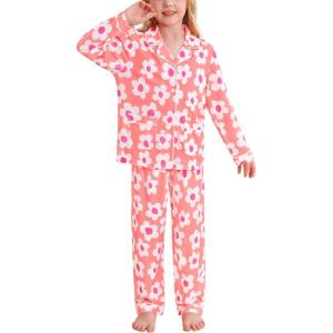 SWOMOG Girls Pajamas Set Kids Button Down Cute Print Pjs Sets Pant 2 Piece Soft Long Sleeve Sleepwear Loungewear(Pink Flower)