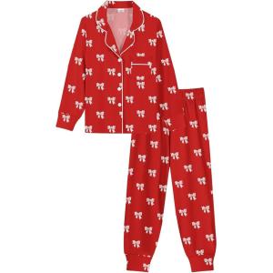 SWOMOG Girls Pajamas Set Kids Button Down Cute Print Pjs Sets Pant 2 Piece Soft Long Sleeve Sleepwear Loungewear(Red Bow)