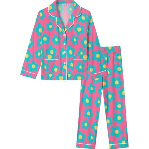 SWOMOG Girls Pajamas Set Kids Button Down Cute Print Pjs Sets Pant 2 Piece Soft Long Sleeve Sleepwear Loungewear(Rose Blue Flower)