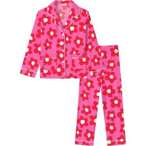 SWOMOG Girls Pajamas Set Kids Button Down Cute Print Pjs Sets Pant 2 Piece Soft Long Sleeve Sleepwear Loungewear(Rose Flower)