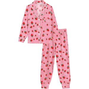 SWOMOG Girls Pajamas Set Kids Button Down Cute Print Pjs Sets Pant 2 Piece Soft Long Sleeve Sleepwear Loungewear(Taro Strawberry)