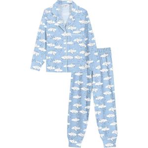 SWOMOG Girls Pajamas Set Kids Button Down Cute Print Pjs Sets Pant 2 Piece Soft Long Sleeve Sleepwear Loungewear(White Moon)