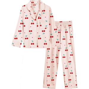 SWOMOG Girls Pajamas Set Kids Button Down Cute Print Pjs Sets Pant 2 Piece Soft Long Sleeve Sleepwear Loungewear(Yellow Cherry)