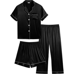 SWOMOG Kids Silk Pajamas 3 Piece Girls Boys Satin Pajamas Set Button-Down PJs Set Soft Loungewear Short Sleeve Sleepwear(Black)