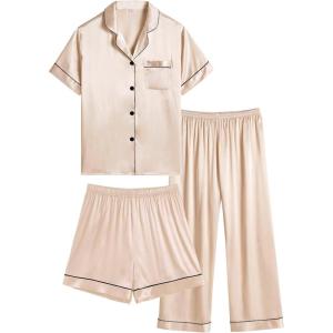 SWOMOG Kids Silk Pajamas 3 Piece Girls Boys Satin Pajamas Set Button-Down PJs Set Soft Loungewear Short Sleeve Sleepwear(Champagne)