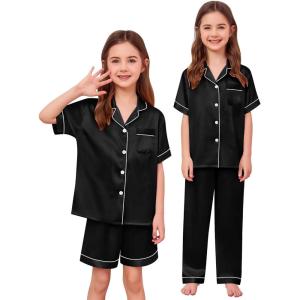 SWOMOG Kids Silk Pajamas 3 Piece Girls Boys Satin Pajamas Set Button-Down PJs Set Soft Loungewear Short Sleeve Sleepwear(Deep Black)