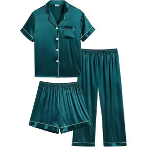 SWOMOG Kids Silk Pajamas 3 Piece Girls Boys Satin Pajamas Set Button-Down PJs Set Soft Loungewear Short Sleeve Sleepwear(Deep Green)