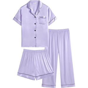SWOMOG Kids Silk Pajamas 3 Piece Girls Boys Satin Pajamas Set Button-Down PJs Set Soft Loungewear Short Sleeve Sleepwear(Lavender)