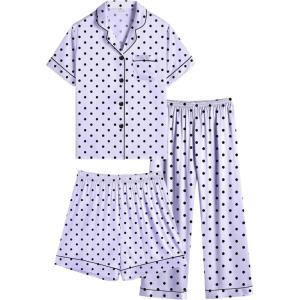SWOMOG Kids Silk Pajamas 3 Piece Girls Boys Satin Pajamas Set Button-Down PJs Set Soft Loungewear Short Sleeve Sleepwear(Lavender Dots)
