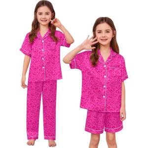 SWOMOG Kids Silk Pajamas 3 Piece Girls Boys Satin Pajamas Set Button-Down PJs Set Soft Loungewear Short Sleeve Sleepwear(Leopard Pink)