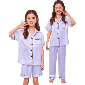 SWOMOG Kids Silk Pajamas 3 Piece Girls Boys Satin Pajamas Set Button-Down PJs Set Soft Loungewear Short Sleeve Sleepwear(Light Lavender)
