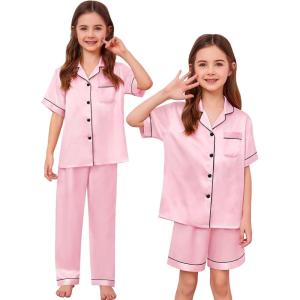 SWOMOG Kids Silk Pajamas 3 Piece Girls Boys Satin Pajamas Set Button-Down PJs Set Soft Loungewear Short Sleeve Sleepwear(Light Pink)