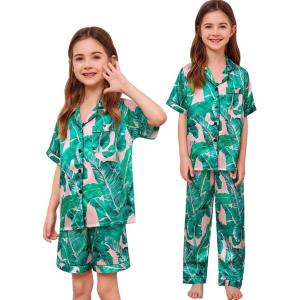 SWOMOG Kids Silk Pajamas 3 Piece Girls Boys Satin Pajamas Set Button-Down PJs Set Soft Loungewear Short Sleeve Sleepwear(Light Pink Leaves)