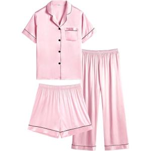 SWOMOG Kids Silk Pajamas 3 Piece Girls Boys Satin Pajamas Set Button-Down PJs Set Soft Loungewear Short Sleeve Sleepwear(Pink)