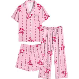 SWOMOG Kids Silk Pajamas 3 Piece Girls Boys Satin Pajamas Set Button-Down PJs Set Soft Loungewear Short Sleeve Sleepwear(Pink Bow)