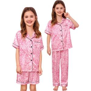 SWOMOG Kids Silk Pajamas 3 Piece Girls Boys Satin Pajamas Set Button-Down PJs Set Soft Loungewear Short Sleeve Sleepwear(Pink Print Leopard)