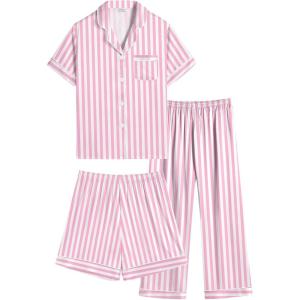 SWOMOG Kids Silk Pajamas 3 Piece Girls Boys Satin Pajamas Set Button-Down PJs Set Soft Loungewear Short Sleeve Sleepwear(Pink Striped)