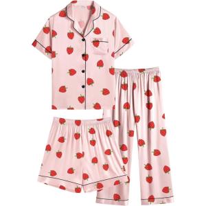 SWOMOG Kids Silk Pajamas 3 Piece Girls Boys Satin Pajamas Set Button-Down PJs Set Soft Loungewear Short Sleeve Sleepwear(Sakura Pink Strawberry)