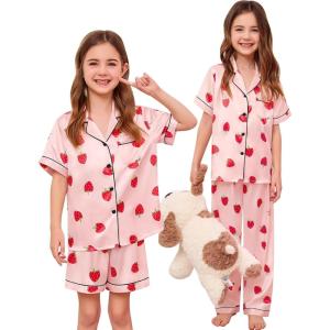 SWOMOG Kids Silk Pajamas 3 Piece Girls Boys Satin Pajamas Set Button-Down PJs Set Soft Loungewear Short Sleeve Sleepwear(Strawberry Pink)