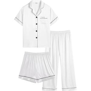 SWOMOG Kids Silk Pajamas 3 Piece Girls Boys Satin Pajamas Set Button-Down PJs Set Soft Loungewear Short Sleeve Sleepwear(White)
