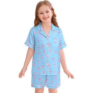 SWOMOG Kids Silky Satin Pajamas Set Girls Boys Button-Down Sleepwear Short Sleeve 2 Piece PJs Sets Lounge Sets(Blue Flamingo)