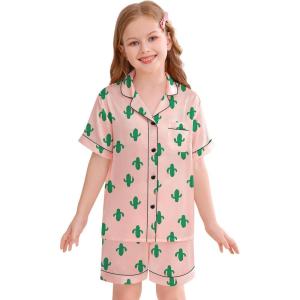 SWOMOG Kids Silky Satin Pajamas Set Girls Boys Button-Down Sleepwear Short Sleeve 2 Piece PJs Sets Lounge Sets(Cactus Pink)