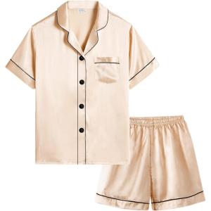 SWOMOG Kids Silky Satin Pajamas Set Girls Boys Button-Down Sleepwear Short Sleeve 2 Piece PJs Sets Lounge Sets(Champagne)