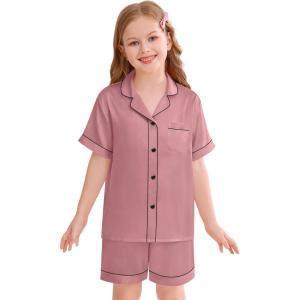 SWOMOG Kids Silky Satin Pajamas Set Girls Boys Button-Down Sleepwear Short Sleeve 2 Piece PJs Sets Lounge Sets(Misty Rose)