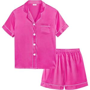 SWOMOG Kids Silky Satin Pajamas Set Girls Boys Button-Down Sleepwear Short Sleeve 2 Piece PJs Sets Lounge Sets(Rose)