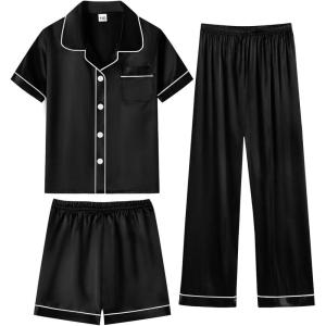 SWOMOG Kids Silky Satin Pajamas Set Girls Boys Button-Down Sleepwear Short Sleeve 2 Piece PJs Sets Lounge Sets(Z – Black -3pcs)