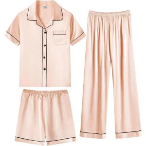 SWOMOG Kids Silky Satin Pajamas Set Girls Boys Button-Down Sleepwear Short Sleeve 2 Piece PJs Sets Lounge Sets(Z – Champagne -3pcs)