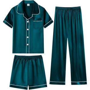 SWOMOG Kids Silky Satin Pajamas Set Girls Boys Button-Down Sleepwear Short Sleeve 2 Piece PJs Sets Lounge Sets(Z – Deep Green -3pcs)