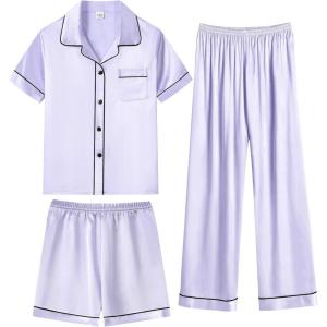 SWOMOG Kids Silky Satin Pajamas Set Girls Boys Button-Down Sleepwear Short Sleeve 2 Piece PJs Sets Lounge Sets(Z – Lavender -3pcs)