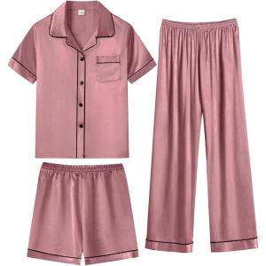 SWOMOG Kids Silky Satin Pajamas Set Girls Boys Button-Down Sleepwear Short Sleeve 2 Piece PJs Sets Lounge Sets(Z – Misty Rose -3pcs)