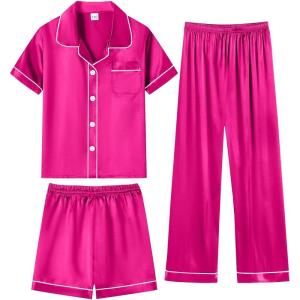 SWOMOG Kids Silky Satin Pajamas Set Girls Boys Button-Down Sleepwear Short Sleeve 2 Piece PJs Sets Lounge Sets(Z – Rose Red -3pcs)
