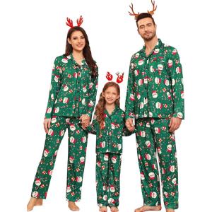 SWOMOG Matching Family Pajama Set Long Sleeve Christmas Pajama Button Down Holiday Sleepwear Set(Green Christmas Santa)