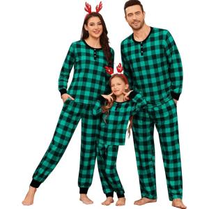 SWOMOG Matching Family Pajama Set Long Sleeve Christmas Pajama Button Down Holiday Sleepwear Set(Green&plaid)