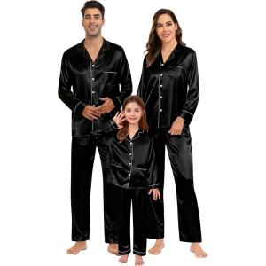 SWOMOG Matching Family Pajama Set Womens/Mens Long Sleeve Sleepwear Satin Silk Loungewear for Couple Button Down Pjs Set Black