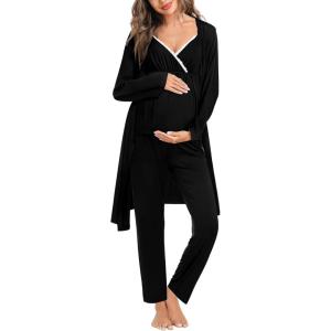 SWOMOG Maternity Nursing Robe Set 3 Piece Breastfeeding Pajamas 3 in 1 Labor Delivery Sleevless Tops&Long Pants Pregnancy Pjs(Black)