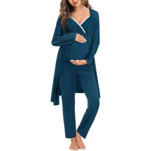 SWOMOG Maternity Nursing Robe Set 3 Piece Breastfeeding Pajamas 3 in 1 Labor Delivery Sleevless Tops&Long Pants Pregnancy Pjs(Blue Green)