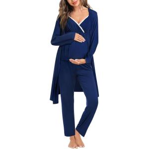 SWOMOG Maternity Nursing Robe Set 3 Piece Breastfeeding Pajamas 3 in 1 Labor Delivery Sleevless Tops&Long Pants Pregnancy Pjs(Navy Blue)