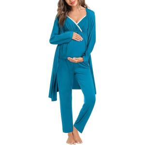SWOMOG Maternity Nursing Robe Set 3 Piece Breastfeeding Pajamas 3 in 1 Labor Delivery Sleevless Tops&Long Pants Pregnancy Pjs(Peacock Blue)