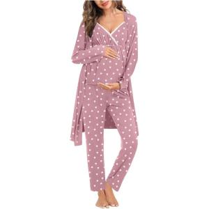 SWOMOG Maternity Nursing Robe Set 3 Piece Breastfeeding Pajamas 3 in 1 Labor Delivery Sleevless Tops&Long Pants Pregnancy Pjs(Taro Purple Heart)
