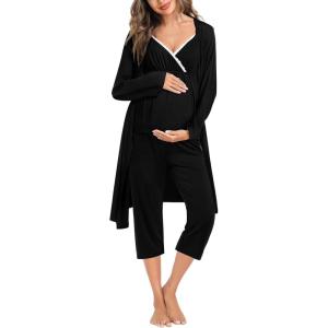 SWOMOG Maternity Nursing Robe Set 3 Piece Breastfeeding Pajamas 3 in 1 Labor Delivery Sleevless Tops&Long Pants Pregnancy Pjs(Z Capri-carbon Black)